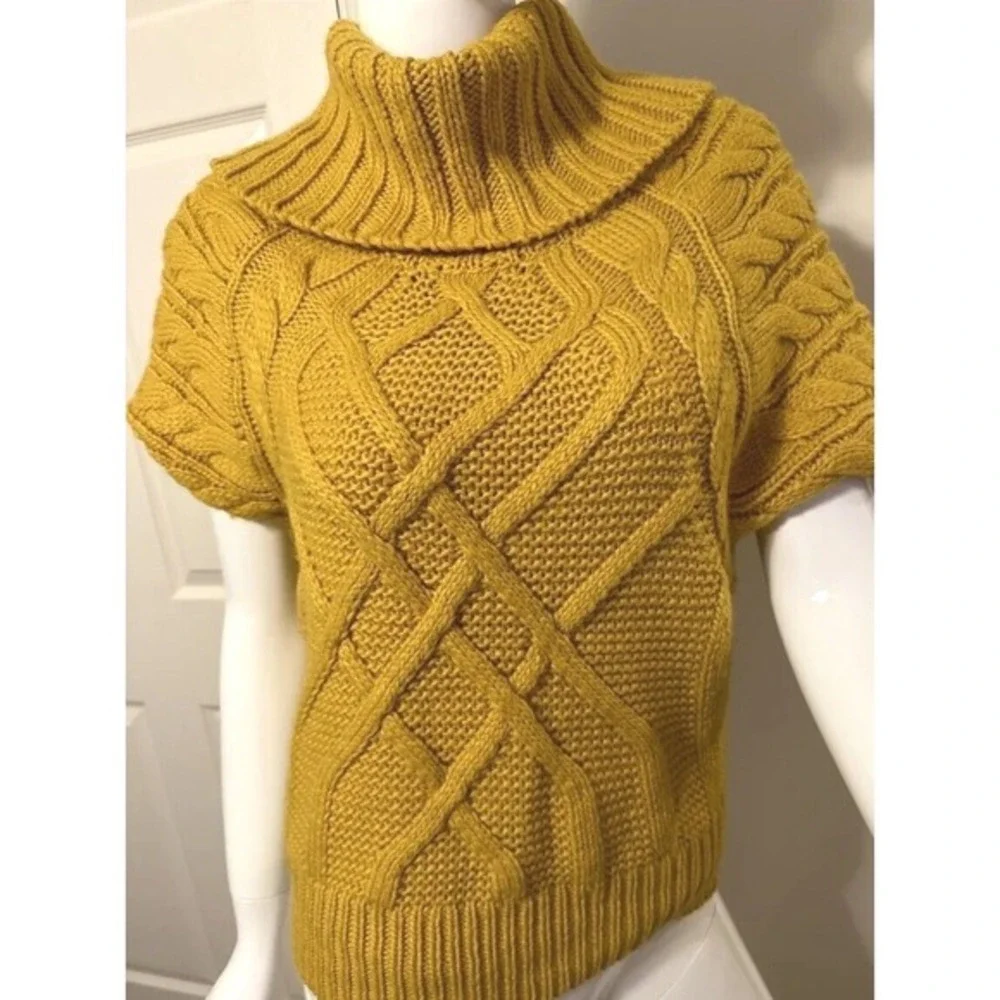 LOFT Mustard Yellow Cable Knit Short Sleeve Turtleneck Sweater M Comfy 26-01‎